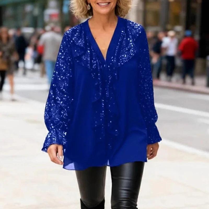 חולצת נשים נוצצת עם צווארון V | ג'סטה שופ | Jesta Shop