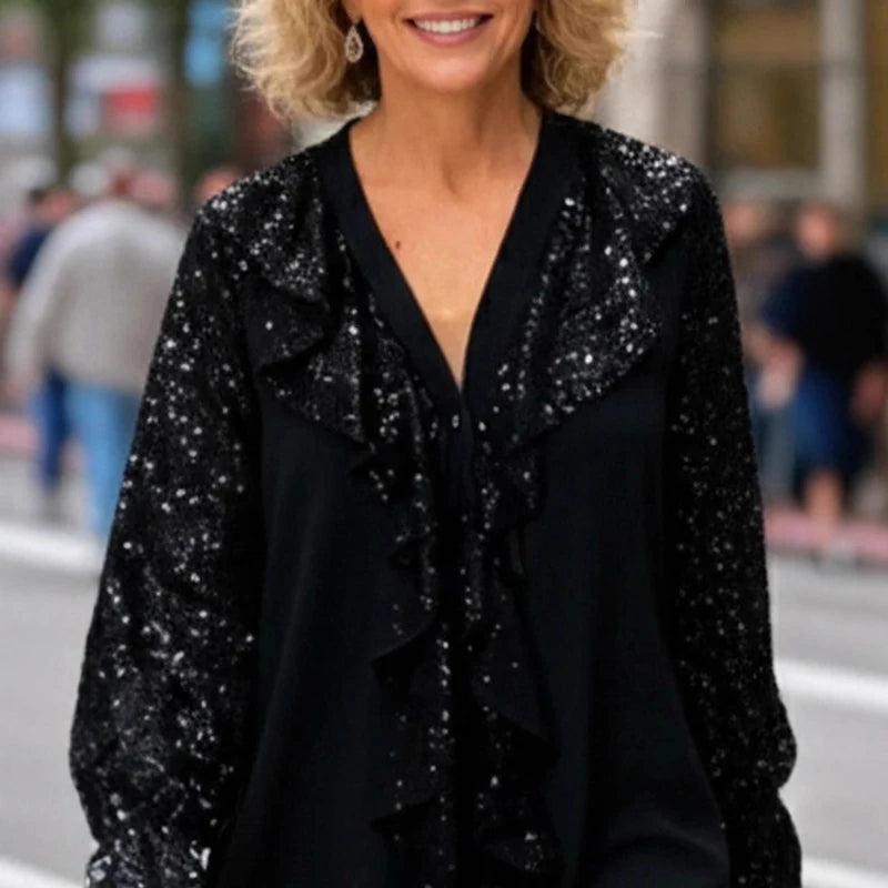 חולצת נשים נוצצת עם צווארון V | ג'סטה שופ | Jesta Shop